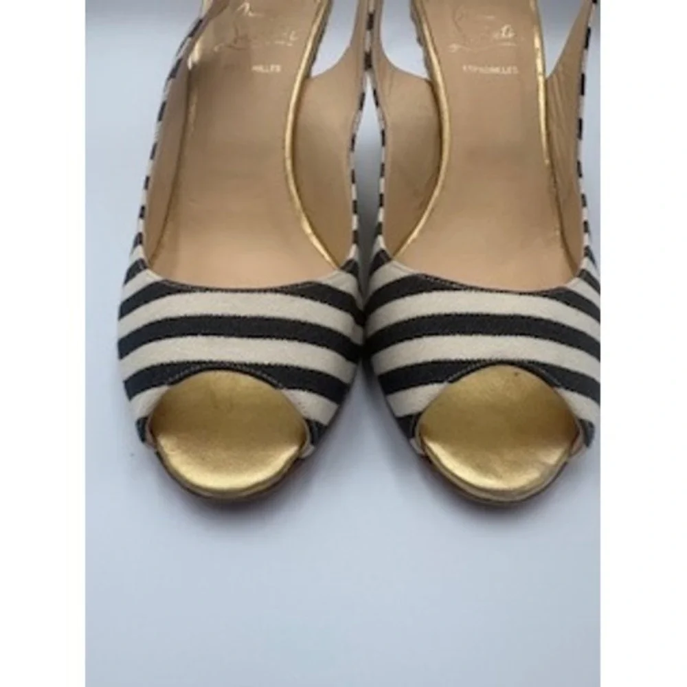Christian Louboutin Espadrille Wedges Navy White Striped Gold Slingback 41